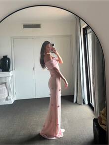 Nuevo vestido largo de borrador de pecho de vacaciones para mujeres mujeres mujeres delgadas, flores de caderas, hombro con hombro vestido largo - Rosa - Ver 3