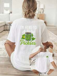New Summer Collection 2026: Fashionable Women's T-Shirt [Double-Sided Print], Casual Short-Sleeve Round Neck Top, Printed With Green Pickle Cans And Text, Suitable For Casual Wear, Multipurpose Clothing, Fashionable T-Shirt, Comfortable Material, Summer T-Shirt For Style Enthusiasts. - 白色 - 查看 6