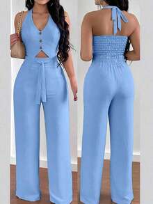 Conjunto de 2 piezas de chaleco sin espalda con atar en el cuello y pantalones de pierna ancha, estilo casual de vacaciones para mujer - Niebla azul - Ver 1