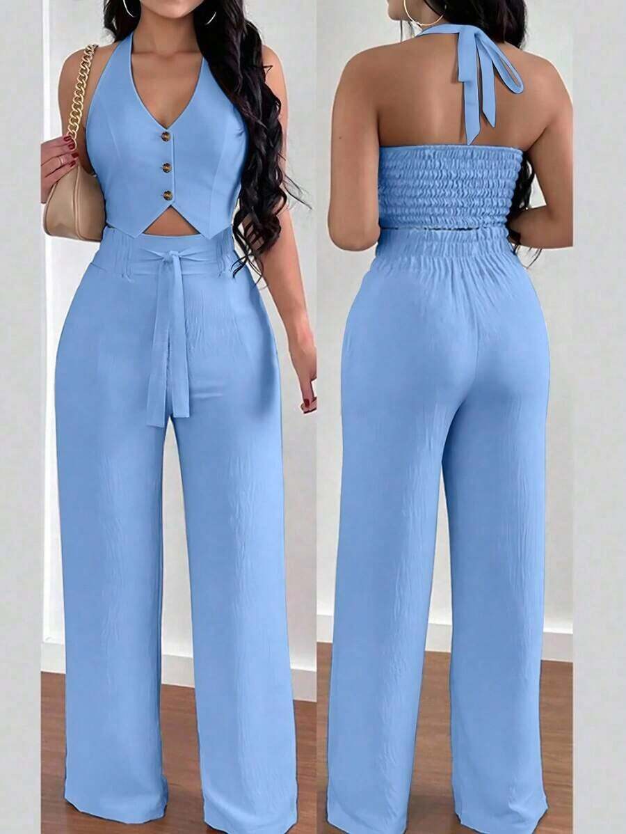 Conjunto de 2 piezas de chaleco sin espalda con atar en el cuello y pantalones de pierna ancha, estilo casual de vacaciones para mujer - Niebla azul - Ver 1