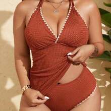 Swim Lushore Plus Size Women's Black V-Neck Adjustable Strap V-Neck Tankini Swimsuit, Fashionable Beach Resort Swimming Attire For Summer - Marrón Mocha - Ver 1