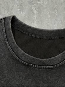 Camiseta de manga corta con estampado de letras, cuello redondo holgado, a la moda, para mujer, lavada, adecuada tanto para hombres como para mujeres, cómoda y holgada, versátil, moderna y de tela lavada pura. - Gris Oscuro - Ver 5