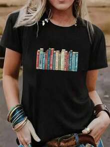 Women's T-Shirt With Book Print, Spring And Summer Casual Loose Fit, Round Neck, Short Sleeve Blouse, Cute 100% Cotton - 黑色 - 查看 7