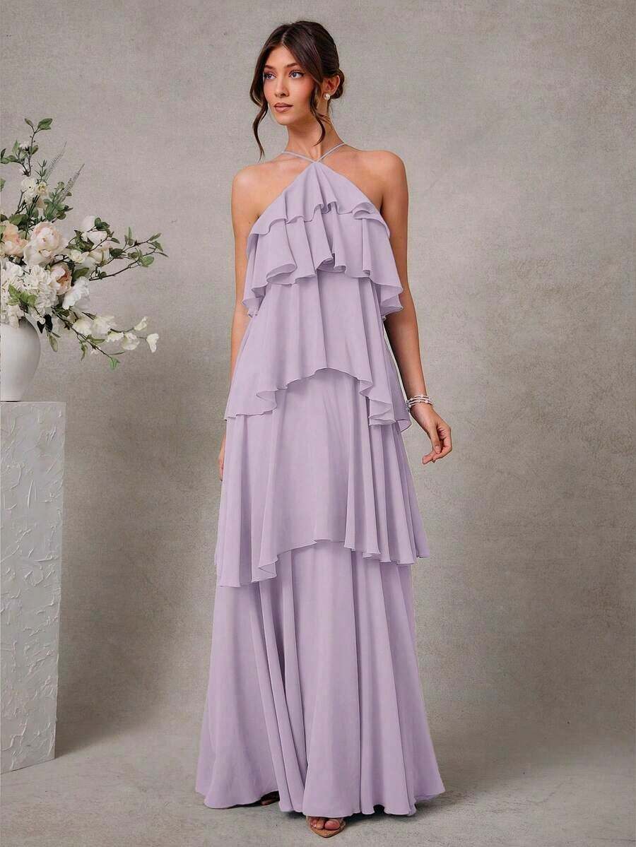 Vestido largo elegante y romántico de gasa con cuello de halter y volantes para invitados a una boda - Púrpura malva - Ver 1