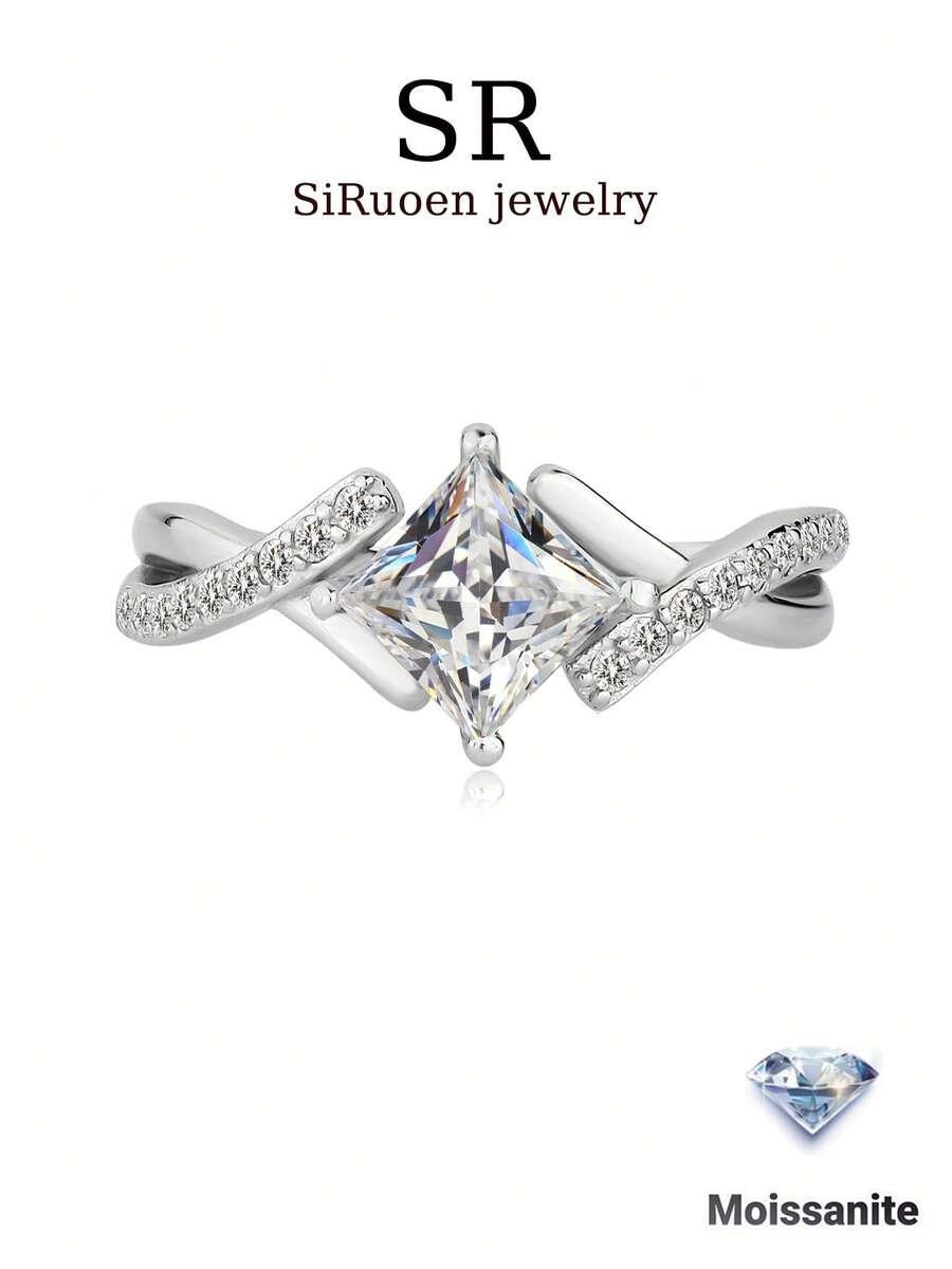 1 chiếc nhẫn cưới nữ, kiểu dáng Princess Cut Criss-Cross, bạc Sterling 925 2.6g, đá Moissanite 1 carat, phong cách Bohemian Palace sang trọng, thích hợp làm quà cưới, quà đính hôn, quà kỷ niệm ngày cưới, quà Valentine. Kèm theo giấy chứng nhận Moissanite và hộp quà thanh lịch. - Bạc - Xem 1