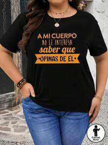 Talla Grande - Camiseta Talla Grande - Camiseta Talla Grande, con impresión del texto en español "A MI CUERPO NO LE INTERESA SABER QUE OPINAS DE ÉL", camiseta negra de manga corta con cuello redondo - Lavable a máquina, estilo casual, ajuste cómodo, diseño moderno. - Negro - Ver 2