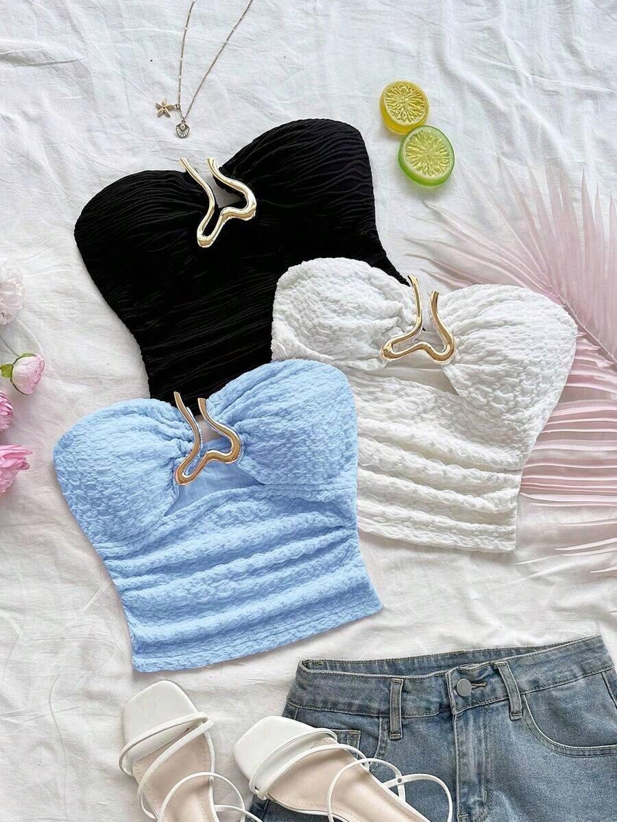 WYWH 3 piezas Top de camisola corta texturizada de punto para mujer con decoración de hebilla metálica con forma de corazón hueco, ajustada y estilizadora, adecuada para Navidad, cita nocturna, discoteca, playa, crucero, té de la tarde, estilo bohemio, vacaciones - Multicolor - Ver 1