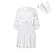 New 2026 Women's Solid Color Lace Crochet Hollow Out Ruched Dress - 白色 - 查看 3