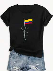 Women's T-Shirt With A Minimalist And Unique Colombian Flag Print In A Cartoon Design, Short-Sleeved Stretch Casual Top - 黑色 - 查看 3