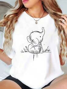 Camiseta de Mujer con Estampado de Elefante - Camiseta de Manga Corta con Cuello Redondo, Top Casual y Versátil, Lavable a Máquina, Ropa Casual Cómoda y Versátil (Estampado) |   Diseño exquisito |   Suelto y cómodo |   Fácil de combinar | - Blanco - Ver 1