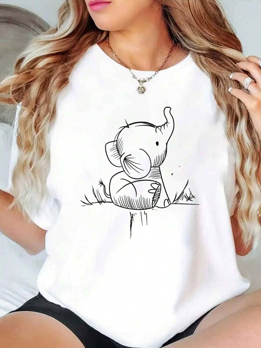 Camiseta de Mujer con Estampado de Elefante - Camiseta de Manga Corta con Cuello Redondo, Top Casual y Versátil, Lavable a Máquina, Ropa Casual Cómoda y Versátil (Estampado) |   Diseño exquisito |   Suelto y cómodo |   Fácil de combinar | - Blanco - Ver 1