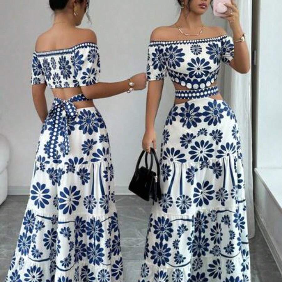 Casual Floral Print Off-Shoulder Crop Top Dress, Summer - Azul - Ver 1