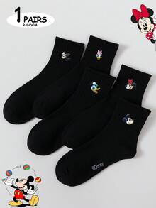 Disney 5雙迪士尼米奇米妮唐老鴨刺繡中筒襪，休閒時尚百搭，適合日常穿著 - 黑色 - 查看 5