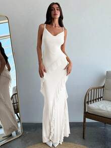 Vestido ceñido con tirantes finos, cuello drapeado y volantes para una cita romántica, para mujer.Vestidos de primavera/verano, regalo del Día de San Valentín, cita nocturna de San Valentín, "Sé mi Valentín", propuesta - Blanco - Ver 7