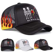 1 Stück Herren Baseballkappe mit Totenkopf Muster, Trucker Hut mit Flammen Stickerei, Outdoor Sonnenschutz Casual Mesh Kappe für Frühling Herbst Reise Strand - Verschiedenfarbig - Übersicht 9