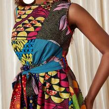 Women's African Mixed Print Sleeveless Round Neck Casual Dress, Random Print - Multicolor - Ver 7