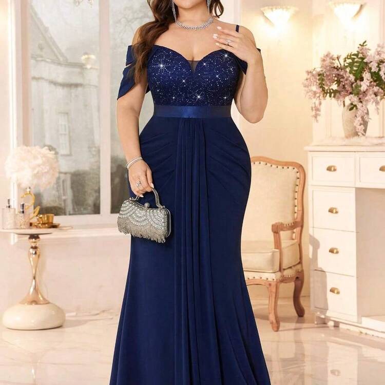 Vestido formal de cola de sirena con cuello en V profundo, encaje floral con lentejuelas, hombros descubiertos, volantes delanteros, bajo para talla grande, vestido de verano, vestido de invitada de boda, adecuado para cumpleaños, graduación, baile de promoción, regreso a casa elegante - Azul marino - Añade 4