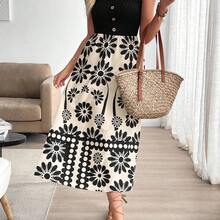 Women's Vacation Style Printed Patchwork Sleeveless Bodycon Dress Orange Vacation Dress Orange Beach Dress Orange Summer Dress Orange Sundress Women Dresses Orange Spring Dresses Dresses For Women Orange Dresses Floral Print Dresses Midi Dresses - Blanco y Negro - Ver 5