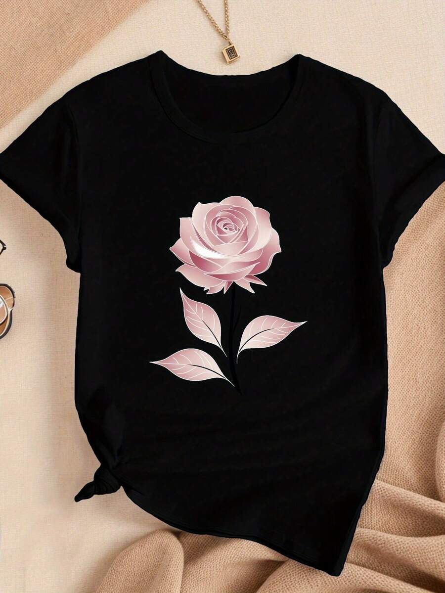 Elegant Women's T-Shirt With Pink Rose Illustration, Soft And Breathable, Short Sleeve, Round Neck | Essential Summer Casual T-Shirt - Unisex Vintage Urban Style Loose Fit Cotton Short Sleeve Round Neck - 黑色 - 查看 1