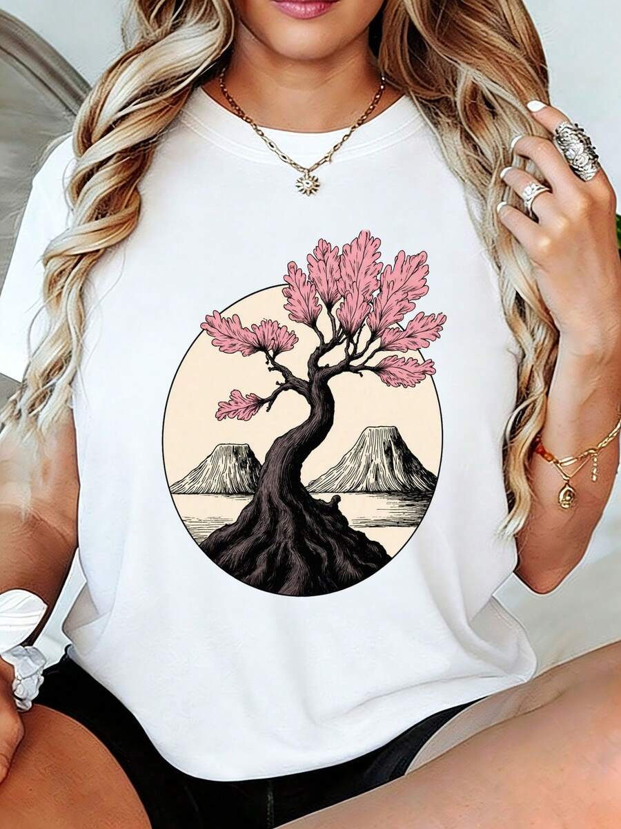 Camiseta con estampado gráfico de árbol bonsái artístico con flores rosas iluetas de montañas - Camiseta casual de manga corta, prenda de verano suave y transpirable para mujer, regalo de moda inspirado en la leza