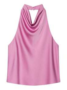 Camiseta sin mangas de satén de unicolor con cuello alto tipo halter Y2K para mujer, ropa de calle linda para el verano en color negro casual - Rosa - Ver 6