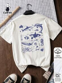 Blusa de algodón 100% con estampado de ballena, talla grande, de manga corta, camiseta gráfica, tela suave, ropa de algodón, ropa para exteriores, estampado impreso, camiseta de verano, blusa de mujer, top de verano, atuendo de vacaciones, estilo de viaje, ambiente de playa, ropa de resort minimalista en blanco - Multicolor - Ver 1