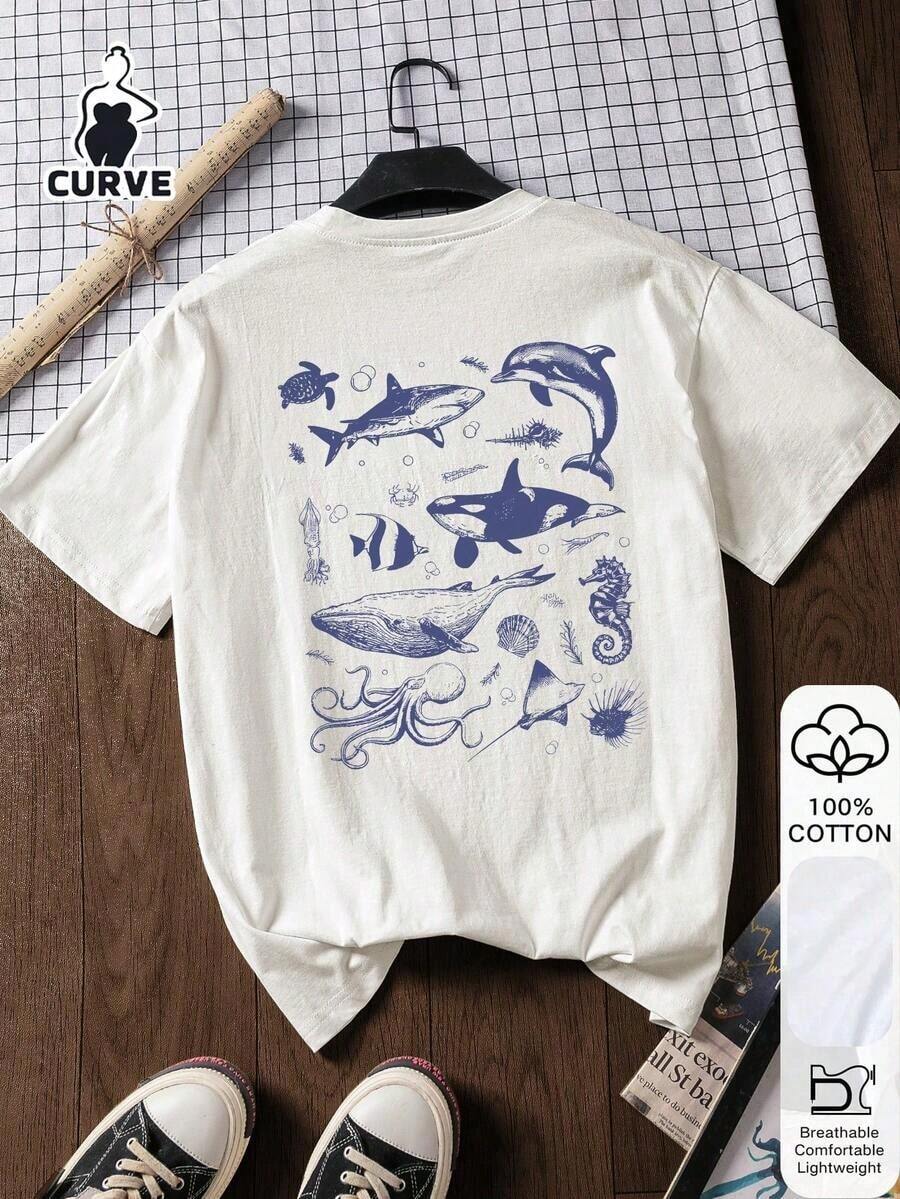 Blusa de algodón 100% con estampado de ballena, talla grande, de manga corta, camiseta gráfica, tela suave, ropa de algodón, ropa para exteriores, estampado impreso, camiseta de verano, blusa de mujer, top de verano, atuendo de vacaciones, estilo de viaje, ambiente de playa, ropa de resort minimalista en blanco - Multicolor - Ver 1