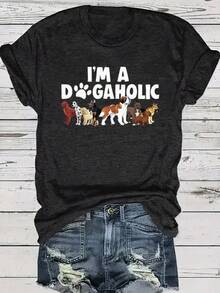 Impala Camiseta de Cuello Redondo con Estampado de Perro y Letras, de Talla Grande, Casual, de Manga Corta para Primavera y Verano, Ropa de Mujer - Negro - Ver 4