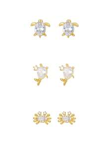 3 Pairs Ocean Animal Shaped Stud Earrings - Turtle, Crab And Whale Tail Inlaid With Sparkling Bright CZ Rhinestones, Summer Beach Vacation Women's Earrings - Multicolor - View 2
