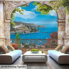 1 pezzo Arco di pietra ornato con paesaggio di città costiera, con vista sul Mar Mediterraneo e stampa di edifici costieri, per camera da letto, soggiorno, dormitorio, decorazione per la casa, in tessuto di poliestere, opera d'arte da parete con paesaggio naturale - Balcone costiero in stile europeo - Visualizzare 8