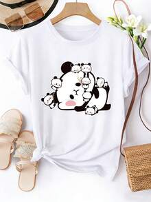 Women's Short Sleeve Crew Neck T-Shirt, Hugging Panda Family Print, Machine Washable, Spring/Summer T-Shirt, Fun Design, Comfortable Fit - Unisex Vintage Style Loose Fit Cotton Crew Neck Short Sleeve T-Shirt. - 白色 - 查看 12