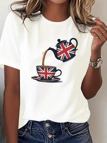 Women's Spring And Summer Clothing, British Tea Time Print T-Shirt - Teapot And Teacup Design With Union Jack - Soft Casual Everyday Top - Machine Washable, Suitable For All Seasons - Patriotic Style, Breathable Party Dress, Holiday Gift - 白色 - 查看 1