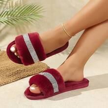 LANGRUIER New Solid Color Bohemian Crystal Embellished Open Toe Flat Slippers, Soft Sole Indoor Outdoor Versatile All Season Wear - Burgundy - View 3