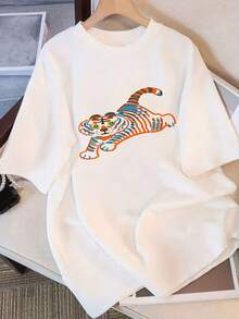 Women's Loose Fit Short Sleeve T-Shirt - Vibrant Orange Tiger Print, Casual Round Neck Summer Top, All Season Comfort, Machine Washable,  Fun Design, Durable Fabric, Comfortable Fit, Y2k T-Shirt. - 白色 - 查看 10