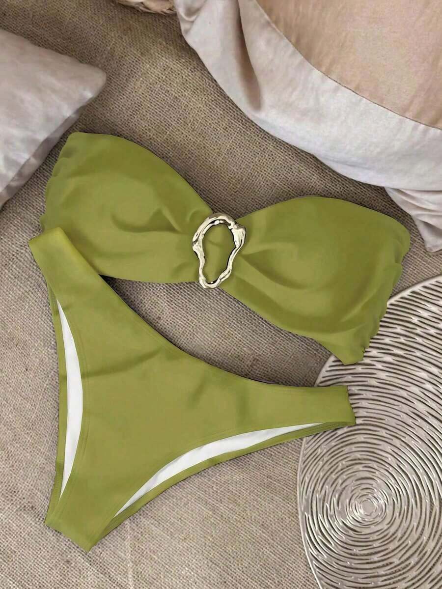 Nuevo conjunto de bikini negro sólido, sexy, elegante, casual, para playa, vacaciones y citas, sin tirantes, para primavera/verano - Verde - Ver 1
