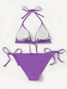 Women's Simple Solid Color Swim Bikini With A Halter Neck And Cutout, Suitable For Beach Vacations And Summer. - Purple - View 2