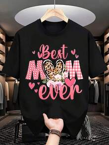 1 Piece Mom T-Shirt With Floral Heart Design And Leopard Print, It's A Perfect T-Shirt To Gift To Friends And Family On Any Holiday Or Special Occasion, 180g 100% Cotton - 黑色 - 查看 2
