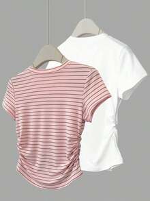 Set de 2 blusas de verano para mujer, camisetas con cintura ceñida, diseño de unicolor, burdeos y negro clásicos, de alta gama, para estudiantes, uso casual diario, adecuado para salir, ir de compras, usar en la oficina - Multicolor 8 - Ver 2