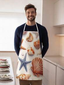 1 pieza, Delantal de poliéster con estampado de estrella de mar, concha, medusa y pez, adecuado para cocinar, hornear y jardinería - se puede usar como vestimenta para la cocina y el comedor. - Multicolor - Ver 10