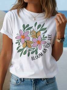 1 Piece Bloom Like Flowers: Women's Casual T-Shirt With Vibrant Geometric Print, Crew Neck, And Short Sleeves. A Must-Have For Spring/Summer, Perfect As A Gift For Loved Ones, Comfortable For Everyday Wear, And Stylishly Youthful. Short-Sleeve Letter Print T-Shirt, Casual, For Everyday Outdoor Wear, 180g, 100% Cotton. - 白色 - 查看 1