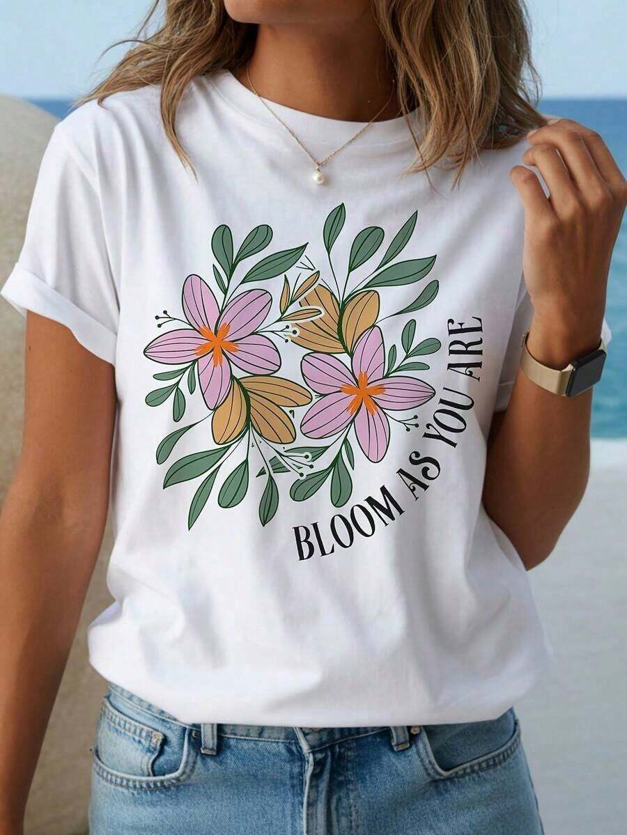 1 Piece Bloom Like Flowers: Women's Casual T-Shirt With Vibrant Geometric Print, Crew Neck, And Short Sleeves. A Must-Have For Spring/Summer, Perfect As A Gift For Loved Ones, Comfortable For Everyday Wear, And Stylishly Youthful. Short-Sleeve Letter Print T-Shirt, Casual, For Everyday Outdoor Wear, 180g, 100% Cotton. - 白色 - 查看 1