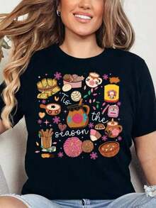 1 pieza Camiseta de Navidad Mexicana, Sudadera de Comida Navideña Mexicana, Camiseta de Pan Dulce Navideño, Camiseta de Tamales Navideños, Feliz Navidad, 180g 100% Algodón - Negro 4 - Ver 6