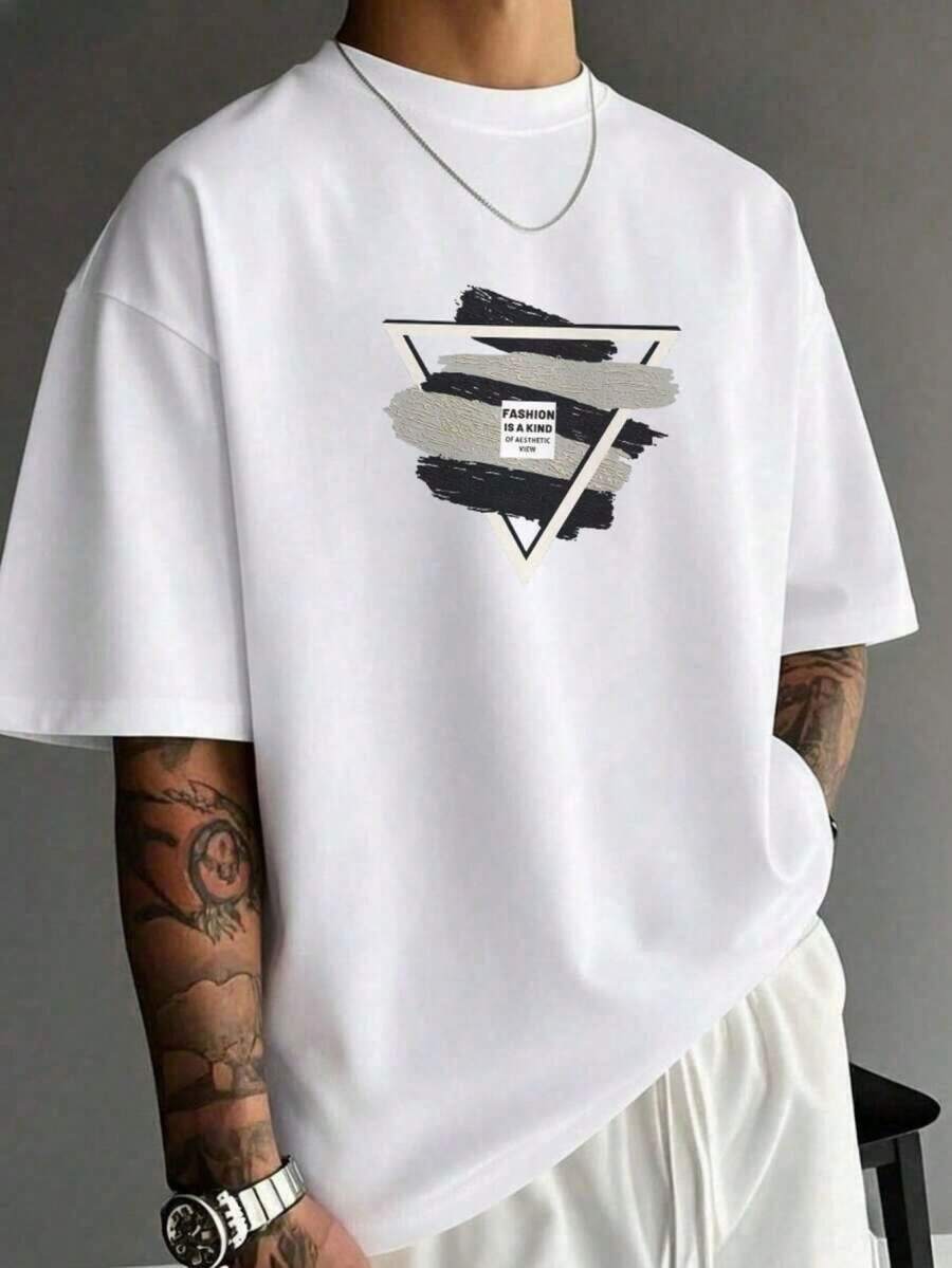 Camiseta de manga corta con cuello redondo y estampado geométrico para hombre 8SRK - Blanco - Ver 1