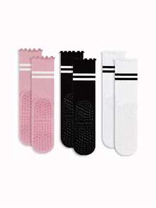 1/2/3 Pairs Cuffed Striped Yoga Socks, Non-Slip Mid-Calf Socks For Pilates, Fitness, Workout - Multicolor - View 14