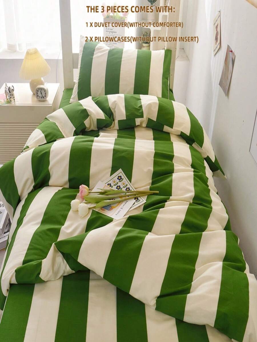 3件組極簡風橘色條紋床上用品被套組 Queen Size - 超柔軟聚酯纖維被套系列 - 輕量被套 - 柔軟透氣床上用品 (Queen, 橘色) - 綠色 - 查看 1