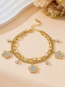 Vintage Chic Versatile Casual Creative Multi-Layer Hong Kong Style Geometric Five-Leaf Flower Tassel Anklet - Yellow Gold - View 2