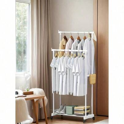 1 pieza Perchero móvil con ruedas, para colgar ropa en interiores, dormitorio, lavandería, con varilla ajustable individual/doble, adecuado para habitación, balcón, dormitorio, sala de estar