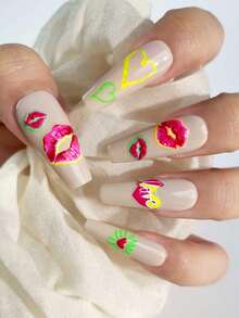 1 Sheet Red Lip & Heart Nail Art Stickers, Minimalist Text, Sexy Red Lips, Baddie Design, Self-Adhesive, DIY Nail Decor, Suitable For Spring/Summer Party Nail Decoration - Multicolor - View 6