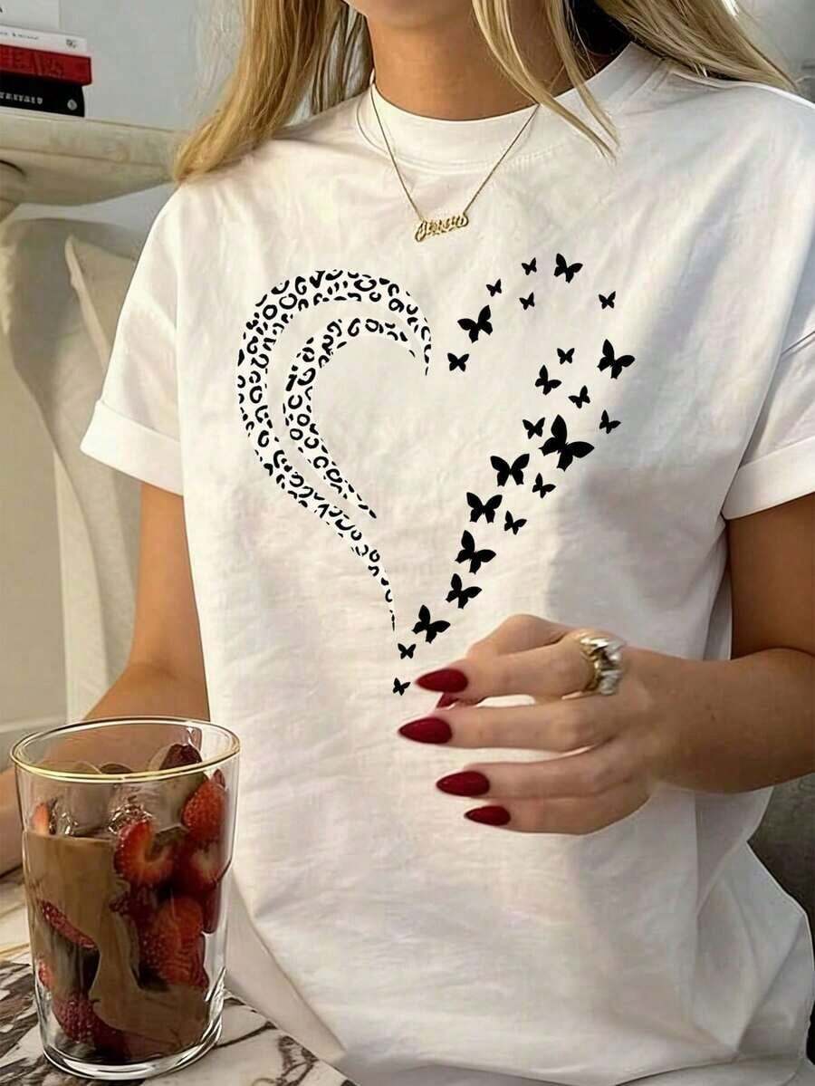 Camiseta Tamaño grande con mpado de Corazón de mpado Animal y Mariposas, Estilo Y2K Estética Genial Chica, Superior Informal de Verano con Diseño Romántico y Creativo, Camiseta de Algodón para Amantes de la Moda Dulce y Creativa, Uso Diario y Salidas, Estilo Único para Hombres y Camisetas de manga corta de algodón puro para mujer - Blanco - Ver 1