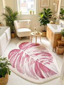 1pc Pink & White Leaf Pattern Soft, Absorbent, Fluffy Bathroom Mat, Suitable For Home Decor, Entryway And Indoor Protection, Bathroom Mat, Bathroom Rug, Door Mat, Small Rug, Carpet, Mat, Home Decor, Area Small Rug, Outdoor Mat, Home Decor, Area Rug, Bedroom Rug, Washable Carpet - Multicolor - View 4